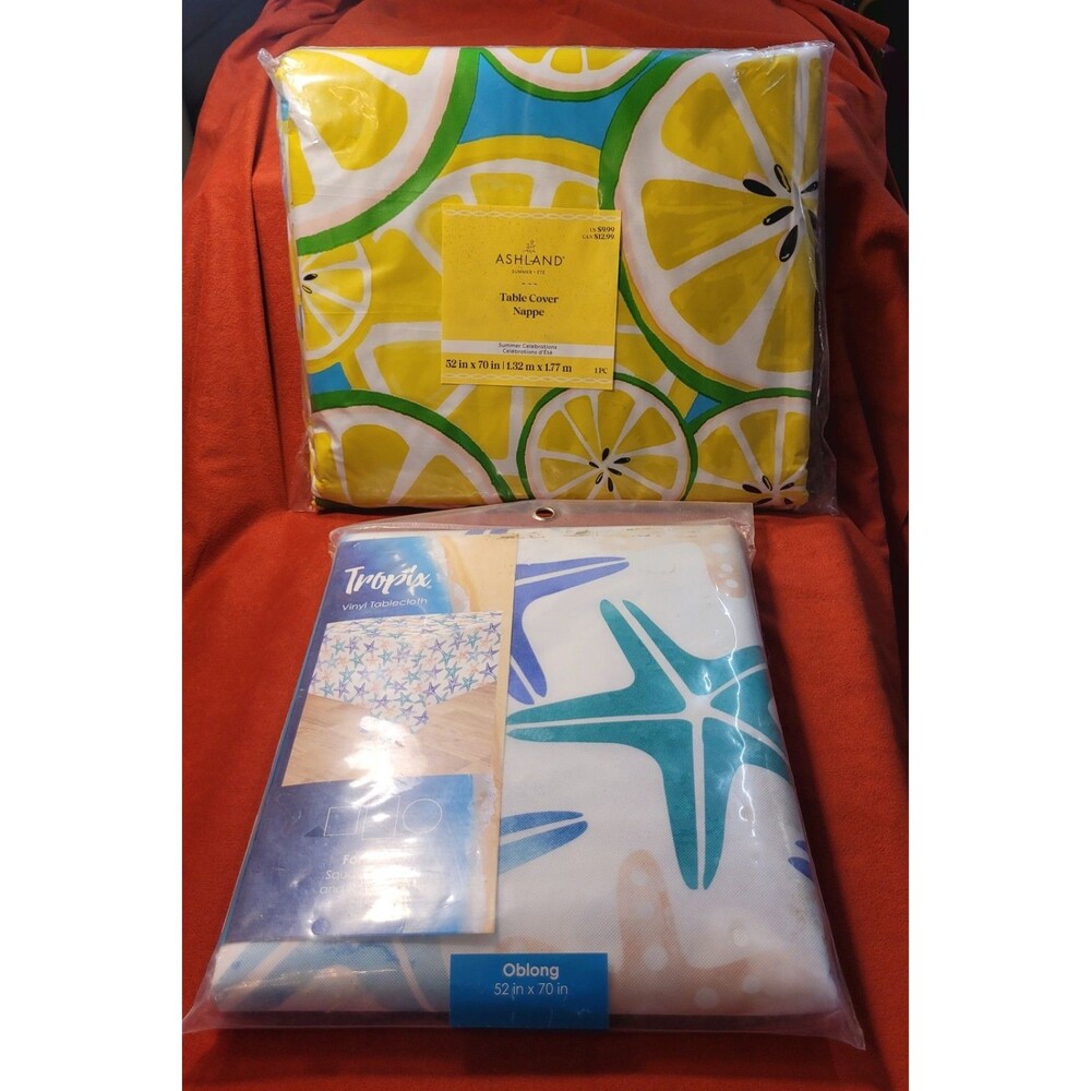 NOS Summer Theme Oblong Vinyl Tablecloths 52" X 70" Lemons Starfish